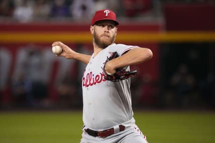 Jun 13, 2023; Phoenix, Arizona, USA; Philadelphia Phillies starting pitcher Zack Wheeler (45) pitches against the Arizona Diamondbacks during the third inning at Chase Field. Mandatory Credit: Joe Camporeale-USA TODAY Sports