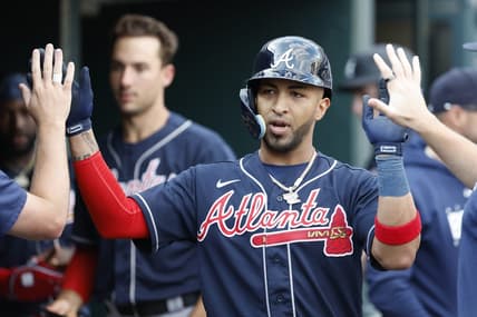 Jun 14, 2023; Detroit, Michigan, USA;  Atlanta Braves left fielder Eddie Rosario (8) celebrates with teammates after hitting a home run against the Detroit Tigers in the sixth inning at Comerica Park. Mandatory Credit: Rick Osentoski-USA TODAY Sports