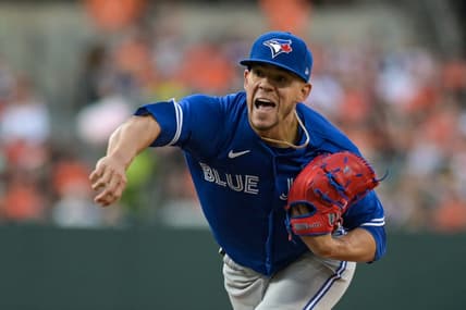 Jun 14, 2023; Baltimore, Maryland, USA;  Toronto Blue Jays starting pitcher Jose Berrios (17) follows through on a first inning pitch against the Baltimore Orioles at Oriole Park at Camden Yards. Mandatory Credit: Tommy Gilligan-USA TODAY Sports