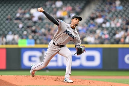 Jun 14, 2023; Seattle, Washington, USA; Miami Marlins starting pitcher Eury Perez (39) pitches to the Seattle Mariners during the first inning at T-Mobile Park. Mandatory Credit: Steven Bisig-USA TODAY Sports