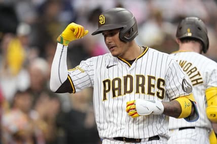 Jun 14, 2023; San Diego, California, USA;  San Diego Padres third baseman Manny Machado (13) reacts to his home run against the Cleveland Guardians during the third inning at Petco Park. Mandatory Credit: Ray Acevedo-USA TODAY Sports