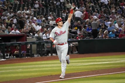 Jun 14, 2023; Phoenix, Arizona, USA; Philadelphia Phillies catcher J.T. Realmuto (10) celebrates after hitting a solo home run against the Arizona Diamondbacks during the sixth inning at Chase Field. Mandatory Credit: Joe Camporeale-USA TODAY Sports