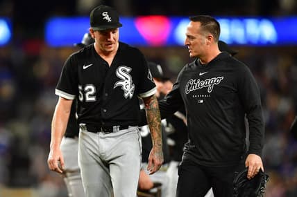 Jun 14, 2023; Los Angeles, California, USA; Chicago White Sox starting pitcher Mike Clevinger (52) goes to the dugout after suffering an apparent injury against the Los Angeles Dodgers/ during the fifth inning at Dodger Stadium. Mandatory Credit: Gary A. Vasquez-USA TODAY Sports