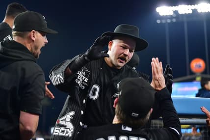 Jun 14, 2023; Los Angeles, California, USA; Chicago White Sox third baseman Jake Burger (30) is greeted after hitting a two run home run against the Los Angeles Dodgers during the eighth inning at Dodger Stadium. Mandatory Credit: Gary A. Vasquez-USA TODAY Sports