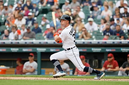 Jun 11, 2023; Detroit, Michigan, USA;  Detroit Tigers right fielder Kerry Carpenter (30) hits a single in the first inning against the Arizona Diamondbacks at Comerica Park. Mandatory Credit: Rick Osentoski-USA TODAY Sports