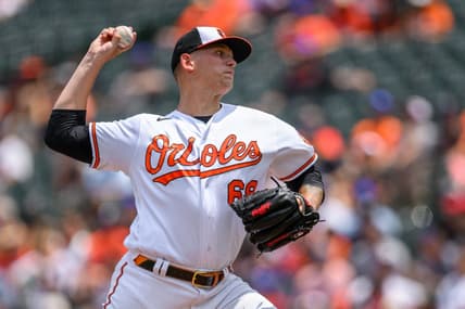 Jun 15, 2023; Baltimore, Maryland, USA; Baltimore Orioles starting pitcher Tyler Wells (68) throws a pitch during the first inning against the Toronto Blue Jays at Oriole Park at Camden Yards. Mandatory Credit: Reggie Hildred-USA TODAY Sports