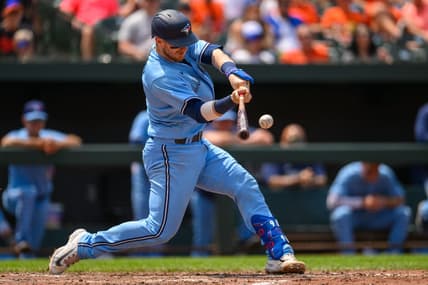 Jun 15, 2023; Baltimore, Maryland, USA; Toronto Blue Jays catcher Danny Jansen (9) hits a home run during the fifth inning against the Baltimore Orioles at Oriole Park at Camden Yards. Mandatory Credit: Reggie Hildred-USA TODAY Sports