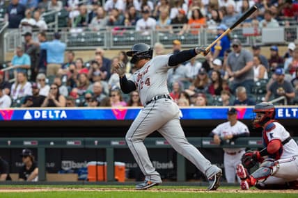 Jun 15, 2023; Minneapolis, Minnesota, USA; Detroit Tigers designated hitter Miguel Cabrera (24) hits single during the second inning against the Minnesota Twins at Target Field. Mandatory Credit: Jordan Johnson-USA TODAY Sports