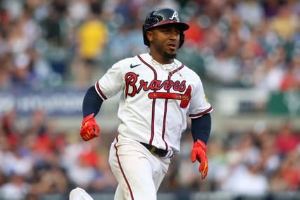 Jun 15, 2023; Atlanta, Georgia, USA; Atlanta Braves second baseman Ozzie Albies (1) hits a single against the Colorado Rockies in the first inning at Truist Park. Mandatory Credit: Brett Davis-USA TODAY Sports