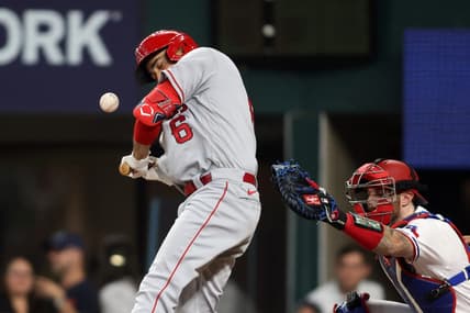 Jun 15, 2023; Arlington, Texas, USA; Los Angeles Angels third baseman Anthony Rendon (6) is hit by a pitch in the first inning against the Texas Rangers at Globe Life Field. Mandatory Credit: Tim Heitman-USA TODAY Sports