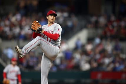 Jun 15, 2023; Arlington, Texas, USA; Los Angeles Angels starting pitcher Shohei Ohtani (17) throws a pitch in the third inning against the Texas Rangers at Globe Life Field. Mandatory Credit: Tim Heitman-USA TODAY Sports