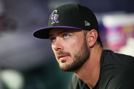 Jun 15, 2023; Atlanta, Georgia, USA; Colorado Rockies outfielder Kris Bryant (23) in the dugout against the Atlanta Braves in the eighth inning at Truist Park. Mandatory Credit: Brett Davis-USA TODAY Sports