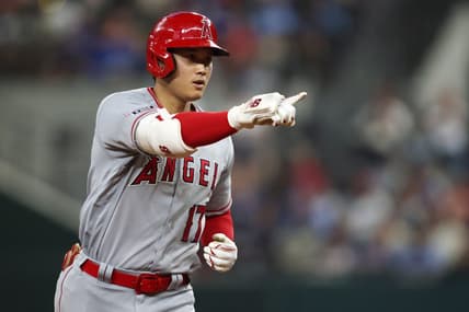 Jun 15, 2023; Arlington, Texas, USA; Los Angeles Angels starting pitcher Shohei Ohtani (17) reacts after hitting a two run home run in the eighth inning against the Texas Rangers at Globe Life Field. Mandatory Credit: Tim Heitman-USA TODAY Sports