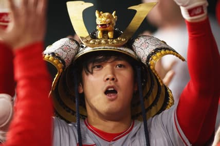 Jun 15, 2023; Arlington, Texas, USA; Los Angeles Angels starting pitcher Shohei Ohtani (17) is congratulated by his teammates after hitting a two run home run in the eighth inning against the Texas Rangers at Globe Life Field. Mandatory Credit: Tim Heitman-USA TODAY Sports