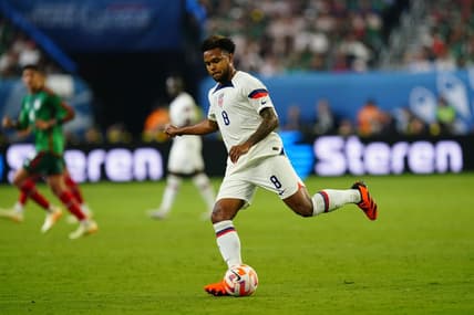 Jun 15, 2023; Las Vegas, Nevada, USA; USA midfielder Weston McKennie (8) runs with the ball against Mexico during the first half at Allegiant Stadium. Mandatory Credit: Lucas Peltier-USA TODAY Sports