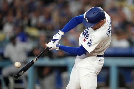 Jun 15, 2023; Los Angeles, California, USA; Los Angeles Dodgers first baseman Freddie Freeman (5) bats in the third inning against the Chicago White Sox  at Dodger Stadium. Mandatory Credit: Kirby Lee-USA TODAY Sports