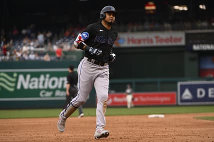 Jun 16, 2023; Washington, District of Columbia, USA; Miami Marlins second baseman Luis Arraez (3) rounds the bases after hitting a two run home run against the Washington Nationals during the second inning at Nationals Park. Mandatory Credit: Brad Mills-USA TODAY Sports