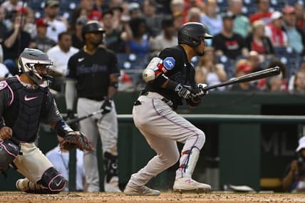 Jun 16, 2023; Washington, District of Columbia, USA; Miami Marlins second baseman Luis Arraez (3) hits a RBI single against the Washington Nationals during the fourth inning at Nationals Park. Mandatory Credit: Brad Mills-USA TODAY Sports