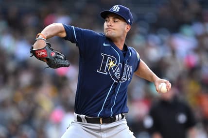 Jun 16, 2023; San Diego, California, USA; Tampa Bay Rays starting pitcher Shane McClanahan (18) throws a pitch against the San Diego Padres during the first inning at Petco Park. Mandatory Credit: Orlando Ramirez-USA TODAY Sports