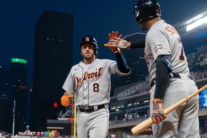 Jun 16, 2023; Minneapolis, Minnesota, USA; Detroit Tigers right fielder Matt Vierling (8) celebrates a home run with second baseman Jonathan Schoop (7) in the ninth inning against the Minnesota Twins at Target Field. Mandatory Credit: Matt Blewett-USA TODAY Sports
