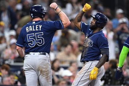 Jun 16, 2023; San Diego, California, USA; Tampa Bay Rays left fielder Randy Arozarena (right) is congratulated by right fielder Luke Raley (55) after hitting a three-run home run against the San Diego Padres during the fifth inning at Petco Park. Mandatory Credit: Orlando Ramirez-USA TODAY Sports