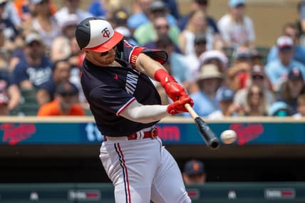 Jun 17, 2023; Minneapolis, Minnesota, USA; Minnesota Twins catcher Ryan Jeffers (27) drives in a run with a fielders choice against the Detroit Tigers in the fifth inning at Target Field. Mandatory Credit: Jesse Johnson-USA TODAY Sports