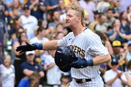 Jun 17, 2023; Milwaukee, Wisconsin, USA; Milwaukee Brewers center fielder Joey Wiemer (28) reacts after hitting a two run home run against the Pittsburgh Pirates in the third inning at American Family Field. Mandatory Credit: Benny Sieu-USA TODAY Sports