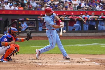 Jun 17, 2023; New York City, New York, USA; St. Louis Cardinals first baseman Paul Goldschmidt (46) hits a two run home run against the New York Mets during the second inning at Citi Field. Mandatory Credit: Gregory Fisher-USA TODAY Sports