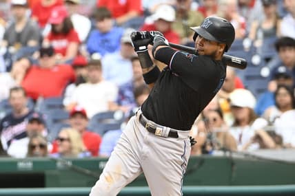Jun 17, 2023; Washington, District of Columbia, USA; Miami Marlins second baseman Luis Arraez (3) singles against the Washington Nationals during the ninth inning at Nationals Park. Mandatory Credit: Brad Mills-USA TODAY Sports