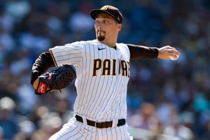 Jun 17, 2023; San Diego, California, USA; San Diego Padres starting pitcher Blake Snell (4) throws a pitch against the Tampa Bay Rays in the first inning at Petco Park. Mandatory Credit: David Frerker-USA TODAY Sports