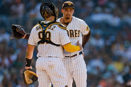 Jun 17, 2023; San Diego, California, USA;  San Diego Padres starting pitcher Blake Snell (4) talks with San Diego Padres catcher Gary S  nchez (99) on the mound in fourth inning against the Tampa Bay Rays at Petco Park. Mandatory Credit: David Frerker-USA TODAY Sports