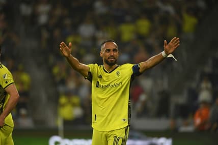 Jun 17, 2023; Nashville, Tennessee, USA; Nashville SC midfielder Hany Mukhtar (10) celebrates after scoring a goal against St. Louis City during the second half at Geodis Park. Mandatory Credit: Christopher Hanewinckel-USA TODAY Sports