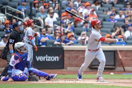 Jun 18, 2023; New York City, New York, USA;  St. Louis Cardinals third baseman Nolan Arenado (28) hits a two run home run in the first inning against the New York Mets at Citi Field. Mandatory Credit: Wendell Cruz-USA TODAY Sports