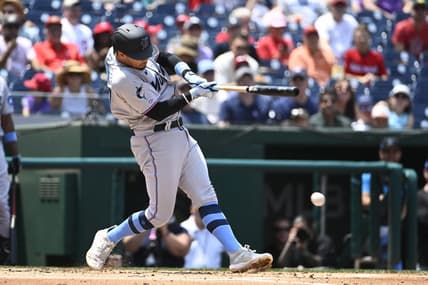 Jun 18, 2023; Washington, District of Columbia, USA; Miami Marlins shortstop Jacob Amaya (67) hits a RBI fielders choice against the Washington Nationals during the second inning at Nationals Park. Mandatory Credit: Brad Mills-USA TODAY Sports