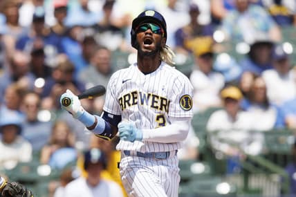 Jun 18, 2023; Milwaukee, Wisconsin, USA;  Milwaukee Brewers right fielder Raimel Tapia (3) reacts after striking out during the second inning against the Pittsburgh Pirates at American Family Field. Mandatory Credit: Jeff Hanisch-USA TODAY Sports