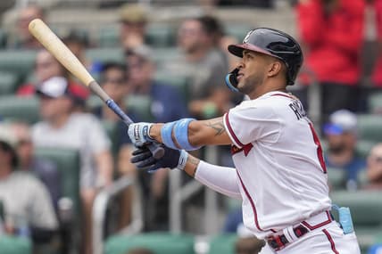 Jun 18, 2023; Cumberland, Georgia, USA; Atlanta Braves left fielder Eddie Rosario (8) watches after hitting a three run home run Colorado Rockies during the second inning at Truist Park. Mandatory Credit: Dale Zanine-USA TODAY Sports