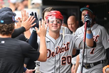 Jun 18, 2023; Minneapolis, Minnesota, USA; Detroit Tigers first baseman Spencer Torkelson (20) is greeted after hitting a two run home run during the fifth inning against the Minnesota Twins at Target Field. Mandatory Credit: Jeffrey Becker-USA TODAY Sports