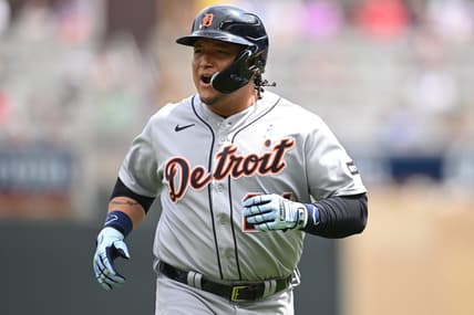 Jun 18, 2023; Minneapolis, Minnesota, USA; Detroit Tigers designated hitter Miguel Cabrera (24) reacts after an RBI sacrifice fly during the fifth inning against the Minnesota Twins at Target Field. Mandatory Credit: Jeffrey Becker-USA TODAY Sports