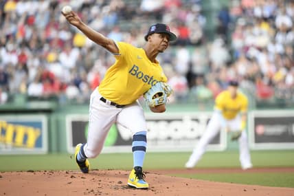 Jun 18, 2023; Boston, Massachusetts, USA; Boston Red Sox starting pitcher Brayan Bello (66) pitches during the first inning against the New York Yankees at Fenway Park. Mandatory Credit: Bob DeChiara-USA TODAY Sports