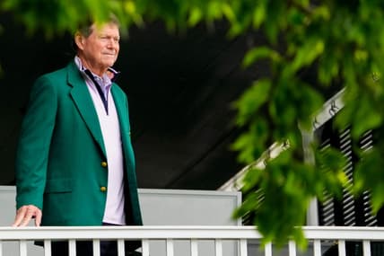 Tom Watson looks out from the clubhouse balcony during the first round of the 2023 Masters golf tournament.