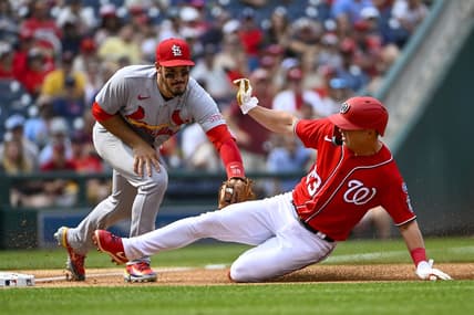 Jun 19, 2023; Washington, District of Columbia, USA; St. Louis Cardinals third baseman Nolan Arenado (28) tags out Washington Nationals left fielder Corey Dickerson (23) to end the first inning at Nationals Park. Mandatory Credit: Brad Mills-USA TODAY Sports