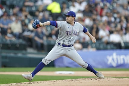 Jun 19, 2023; Chicago, Illinois, USA; Texas Rangers starting pitcher Andrew Heaney (44) pitches against the Chicago White Sox during the first inning at Guaranteed Rate Field. Mandatory Credit: Kamil Krzaczynski-USA TODAY Sports
