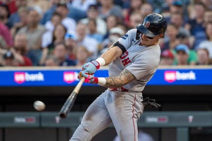 Jun 19, 2023; Minneapolis, Minnesota, USA; Boston Red Sox left fielder Jarren Duran (16) hits a two-RBI double against the Minnesota Twins in the fourth inning at Target Field. Mandatory Credit: Jesse Johnson-USA TODAY Sports