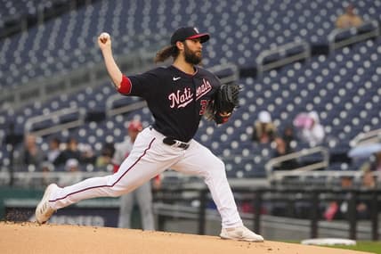 Jun 21, 2023; Washington, District of Columbia, USA; Washington Nationals pitcher Trevor Williams (32) delivers a pitch against the St. Louis Cardinals during the first inning at Nationals Park. Mandatory Credit: Gregory Fisher-USA TODAY Sports