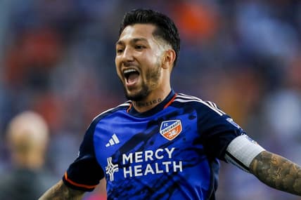 Jun 21, 2023; Cincinnati, Ohio, USA; FC Cincinnati midfielder Luciano Acosta (10) reacts after scoring a goal against Toronto FC in the second half at TQL Stadium. Mandatory Credit: Katie Stratman-USA TODAY Sports