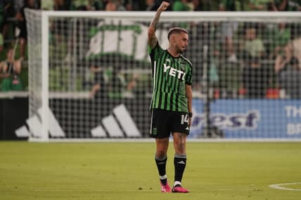 Jun 21, 2023; Austin, Texas, USA; Austin FC forward Diego Fagundez (14) reacts after scoring a goal during the first half against the FC Dallas at Q2 Stadium. Mandatory Credit: Scott Wachter-USA TODAY Sports