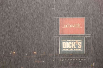 Jun 21, 2023; Commerce City, Colorado, USA; Rain falls at Dick's Sporting Goods Park during a weather delay before the match between the Colorado Rapids and the Vancouver Whitecaps. Mandatory Credit: Isaiah J. Downing-USA TODAY Sports