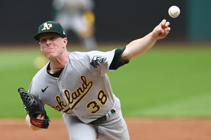 Jun 22, 2023; Cleveland, Ohio, USA; Oakland Athletics starting pitcher JP Sears (38) throws a pitch during the first inning against the Cleveland Guardians at Progressive Field. Mandatory Credit: Ken Blaze-USA TODAY Sports