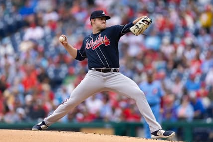 Jun 22, 2023; Philadelphia, Pennsylvania, USA; Atlanta Braves starting pitcher Bryce Elder (55) throws a pitch during the first inning against the Philadelphia Phillies at Citizens Bank Park. Mandatory Credit: Bill Streicher-USA TODAY Sports