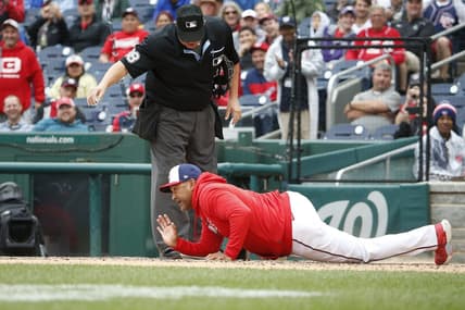 Jun 22, 2023; Washington, District of Columbia, USA; Washington Nationals manager Dave Martinez lays on home plate after being ejected during the fifth inning against the Arizona Diamondbacks at Nationals Park. Mandatory Credit: Amber Searls-USA TODAY Sports